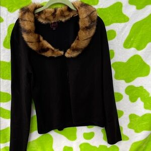 Black Cardigan with Faux Fur Collar